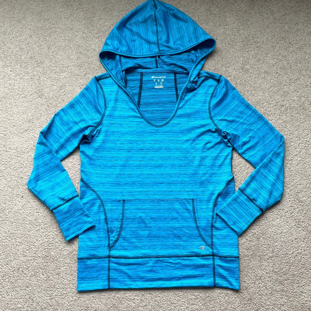 Champion Women's Small Blue Heathered V-Neck Athletic Hoodie Pullover